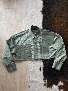 Cropped Olive Green Distressed Button-Up Shirt